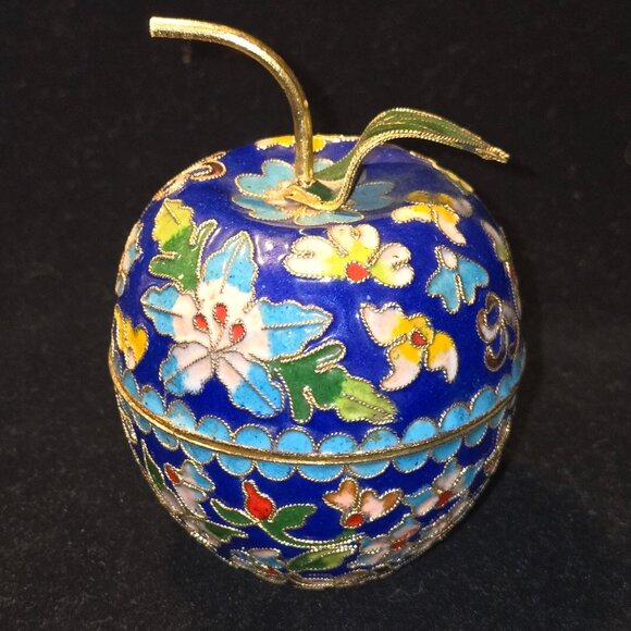 Vintage Cloisonné Apple Trinket Box With Floral Enamel Design - Picture 3 of 7